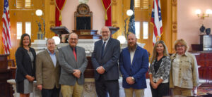Seneca County Commissioner Bill Frankart traveled to the Ohio Statehouse on Oct. 11 to provide testimony in support of SB 119 in front of the Ohio House Energy and Natural Resources Committee. Shown here are, left to right, Seneca County Health Commissioner Julie Richards, Fostoria City Councilman Don Mennel, Frankart, State Rep. Gary Click, Elliot Shaffer, Dr. Lora Wolph and Linda Kuhn. 
